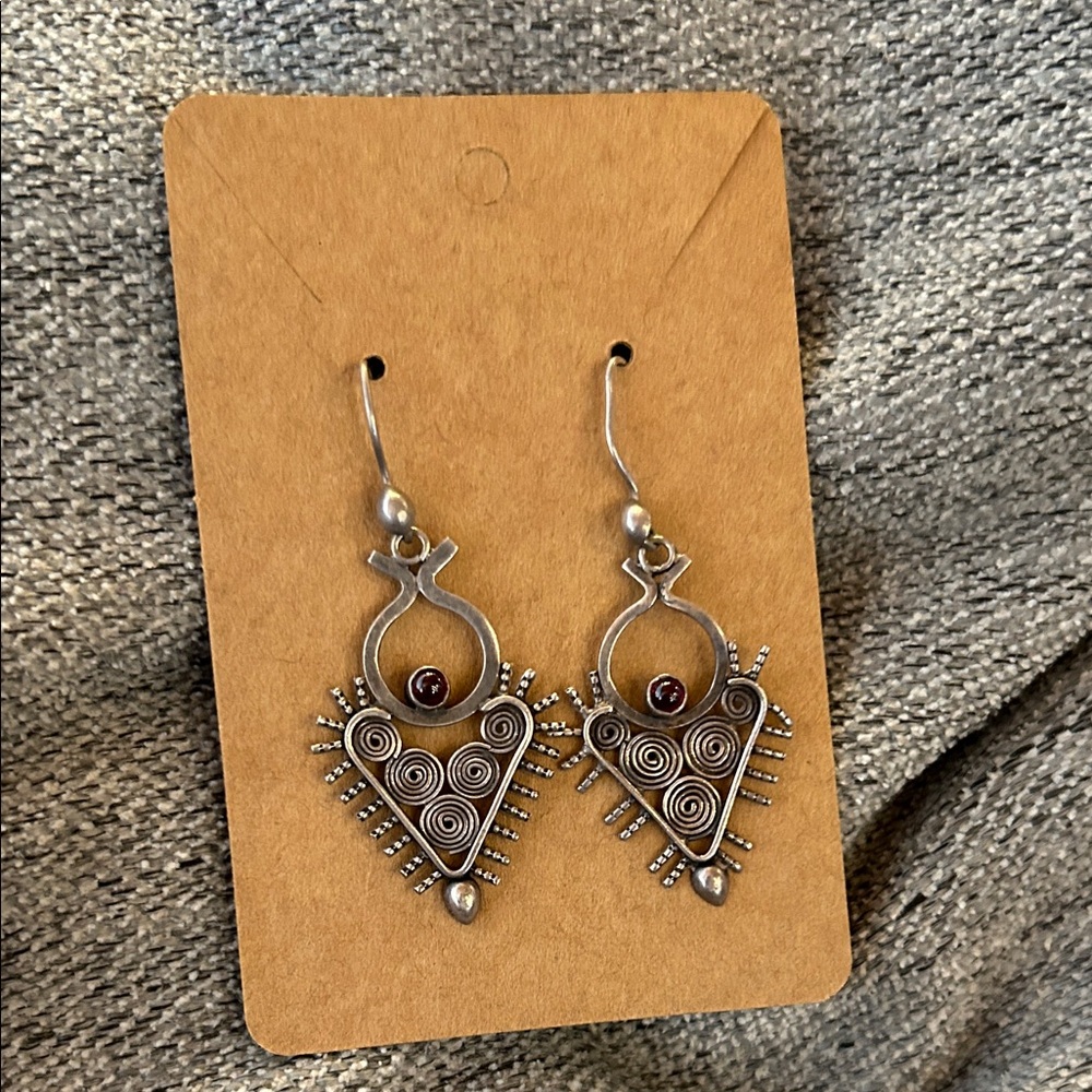 Sterling-Style Silver Heart Spiral Drop Earrings with Garnet Accent